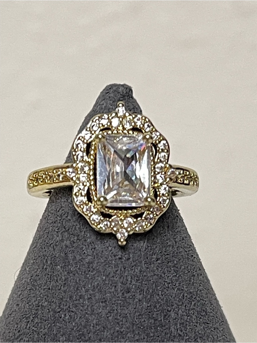 Sterling Silver Gold-Tone Emerald-Cut Halo Ring with Pavé Accents